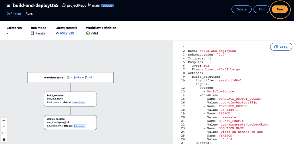 build-and-deployOSS workflow with Run button selected