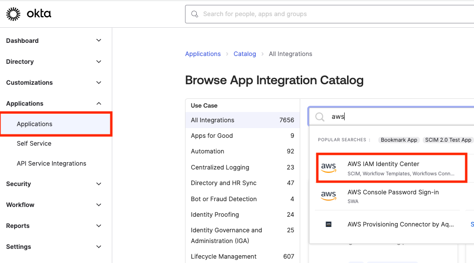 In Okta’s App Integration Catalog, the option to select the AWS IAM Identity Center App