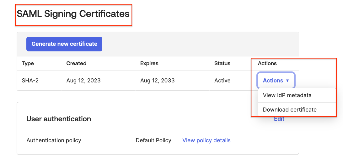 Under SAML Signing Certificates, the option to select View IdP Metadata from the Actions drop-down menu and Save the contents as metadata.xml.