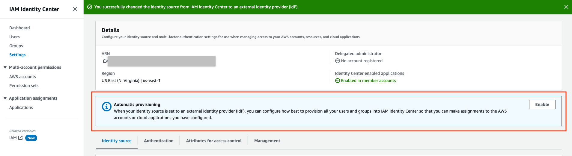 Under IAM Identity Center settings, the option to enable automatic provisioning.