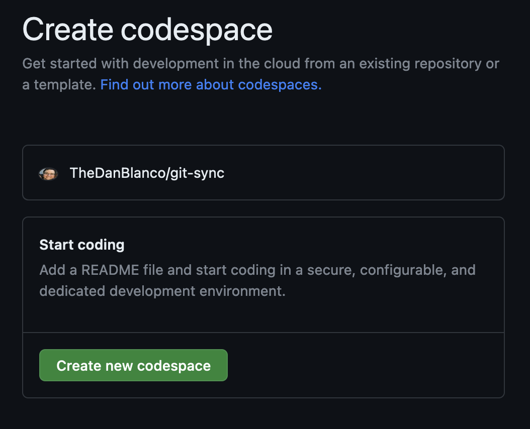 Creating a new code space on the Git sync repository