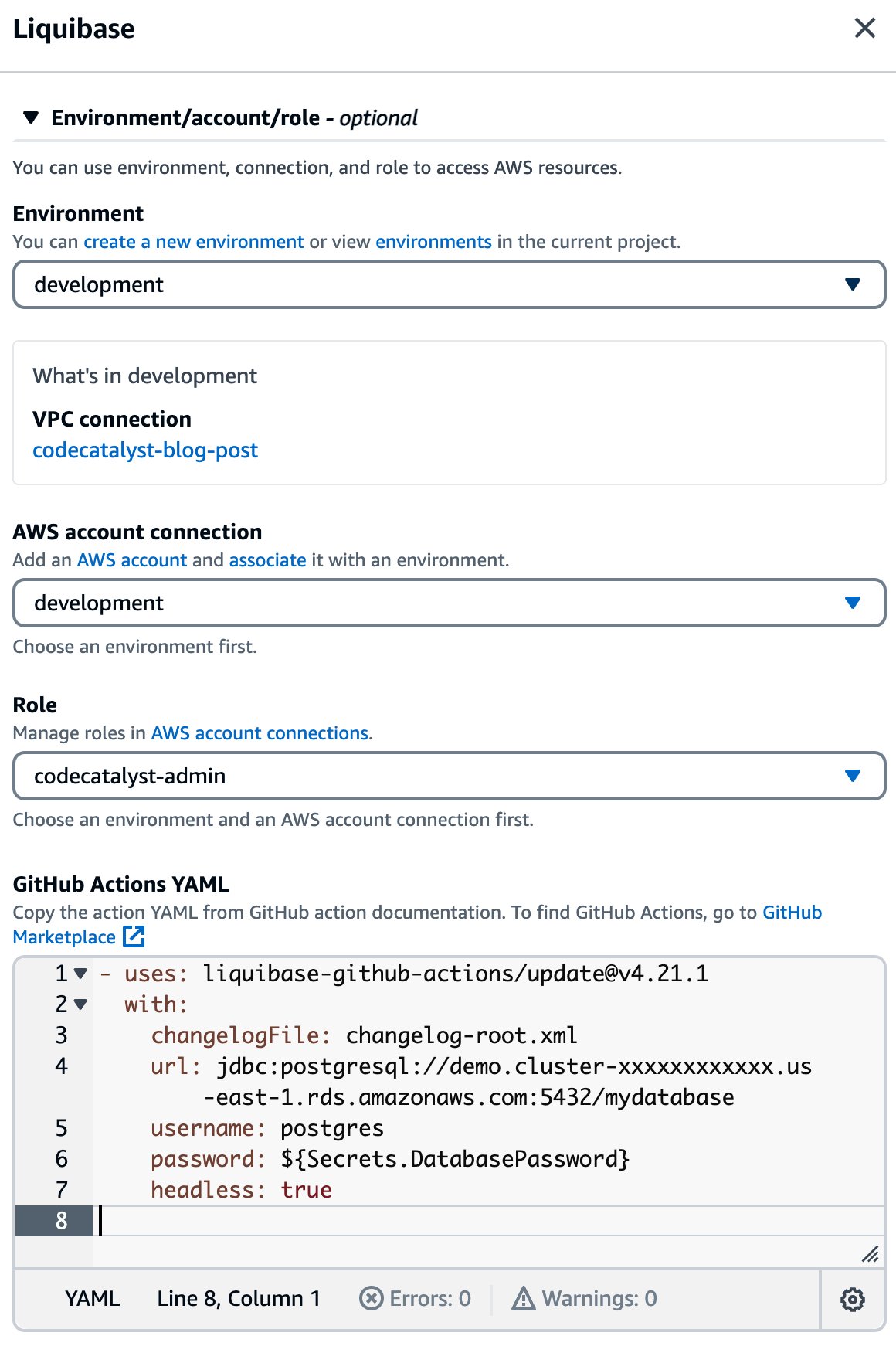 Action configuration dialog showing the GitHub Action configuration