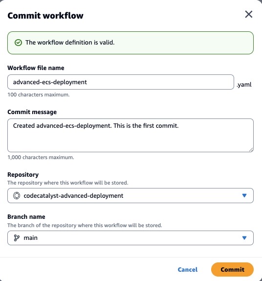 Halaman Commit workflow di Amazon CodeCatalyst