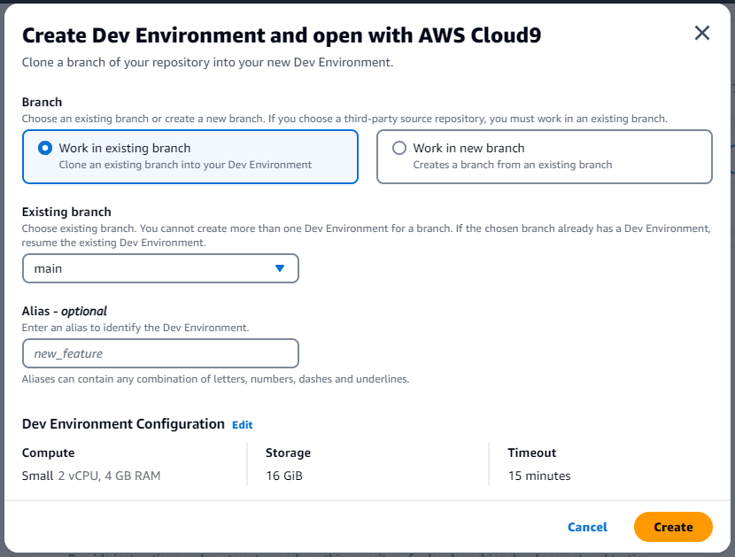 Create Dev Environment in Amazon CodeCatalyst