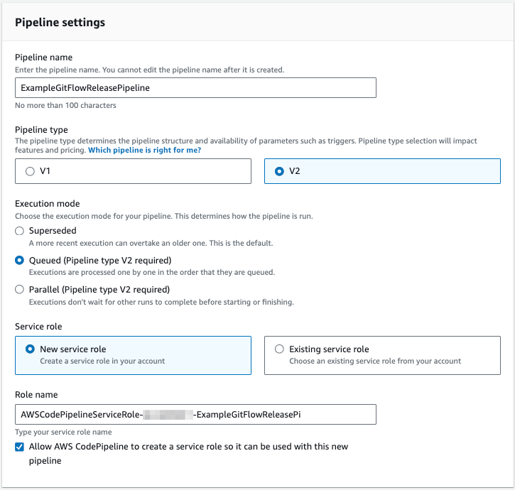 Example GitFlow release pipeline settings for Queued execution mode.