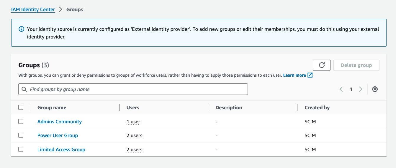 Figure 4: IAM Identity Center Groups created via SCIM synch