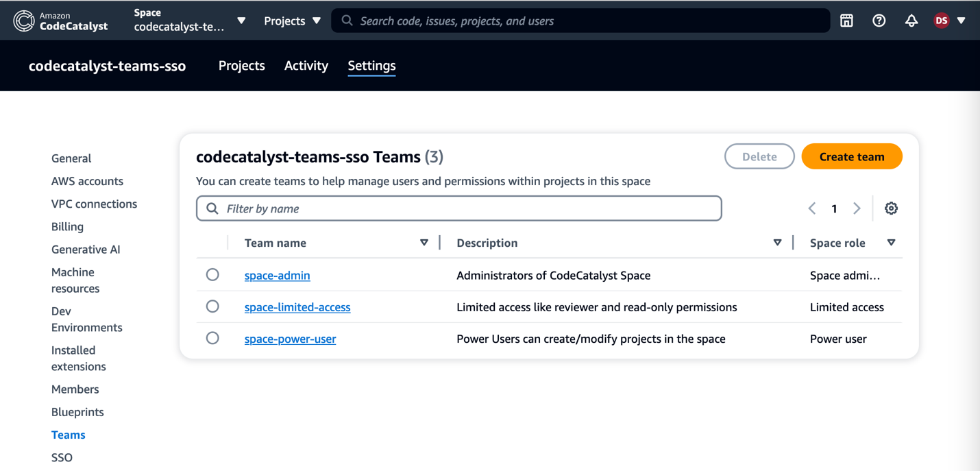 Figure 6: Managing Teams in CodeCatalyst Space