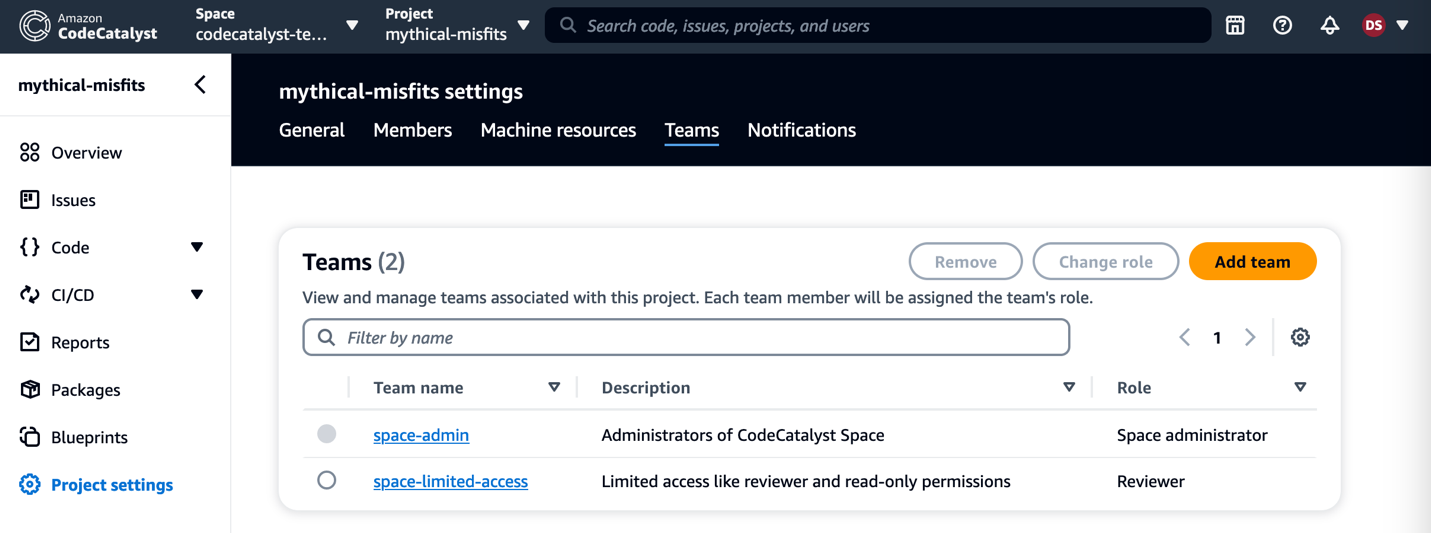 Figure 8: Teams in Project Settings