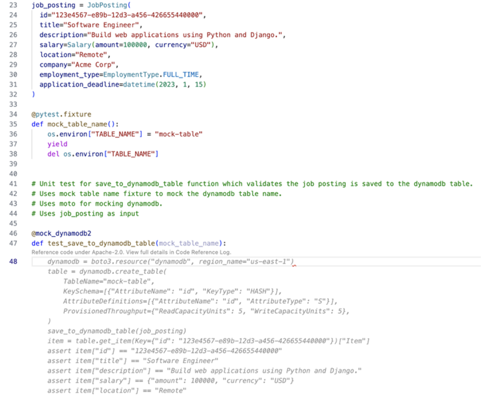 In the Visual Studio Code IDE, a user is leveraging inline prompts to generate an autocomplete suggestion from Amazon Q Developer. The inline prompt response is trying to fill out the test_save_to_dynamodb_table function with a mock test asserting the previous JobPosting fields. The user can decide to accept or reject the provided code completion suggestion.