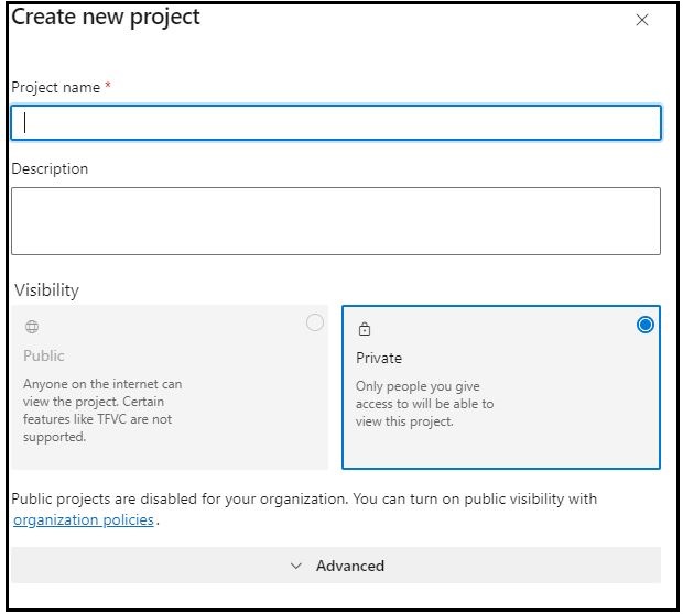 Creating a new Azure DevOps Project.