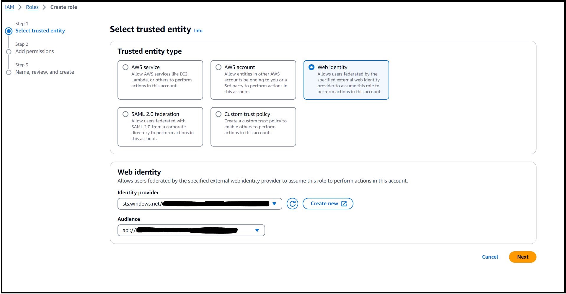 Creating an IAM Web Identity Role in AWS.