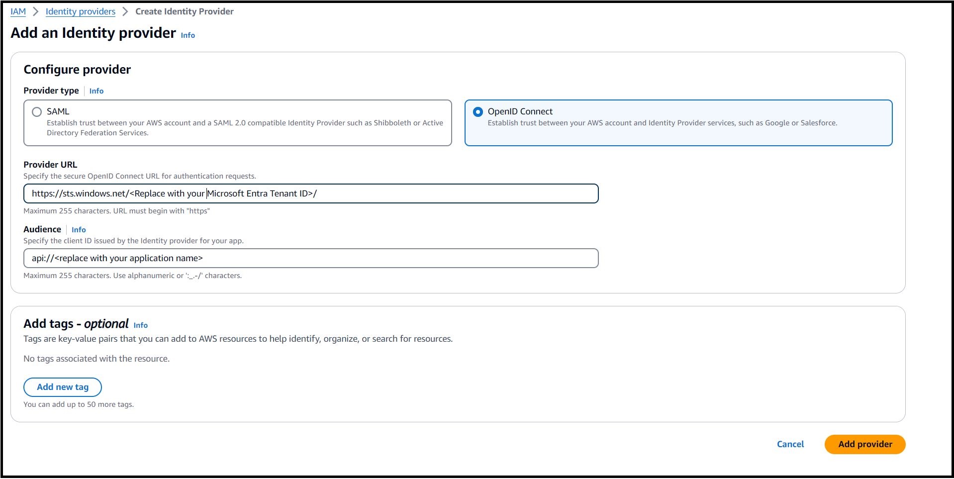 Configuring OpenID Connect provider in AWS.