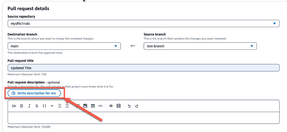 The image displays an interface for a pull request details page. At the top, it shows the source repository where the changes being reviewed are located, which is "mysfits1ru6c". Below that, there are two dropdown menus - one for the destination branch where the changes will be merged, set to "main", and one for the source branch containing the changes, set to "test-branch". The interface also includes a field for the pull request title, which is set to "Updated Title", and an optional description field. The description field has a button labeled "Write description for me" that allows the user to have the system automatically generate a description for the pull request leveraging Amazon Q.