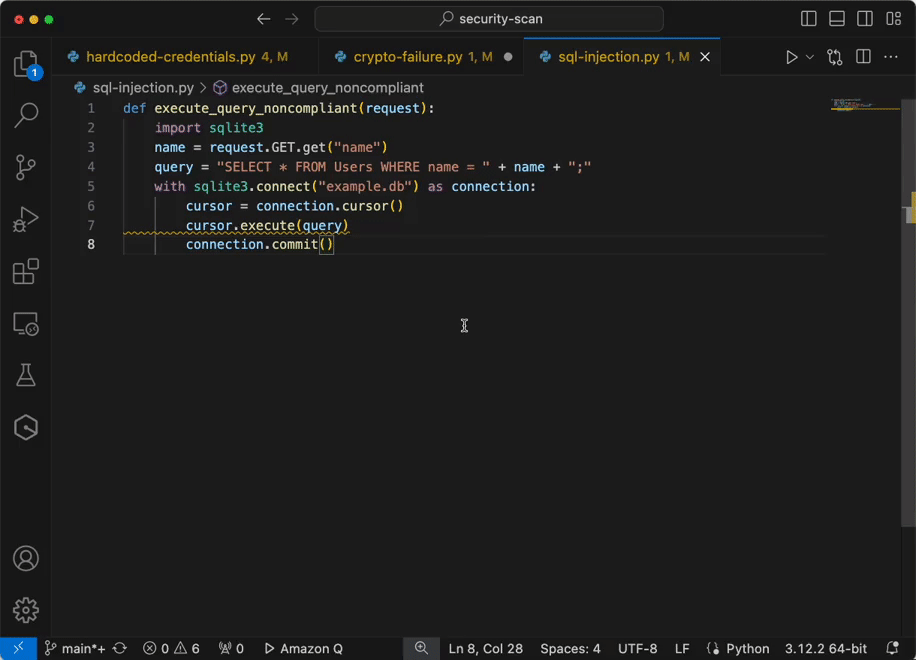 This diagram shows the example of how to Analyze and fix security vulnerabilities in your project example using Amazon Q