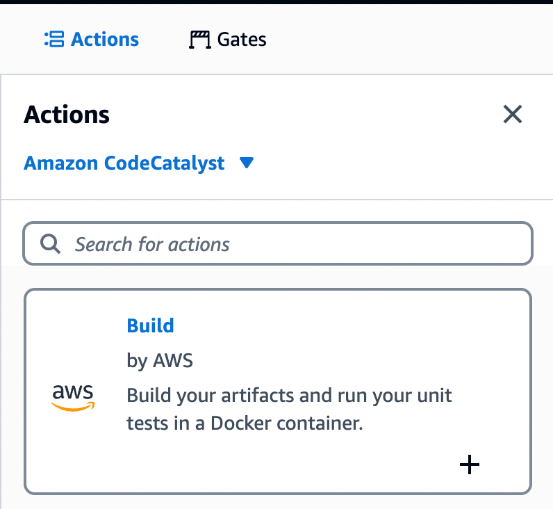 This image shows the build action from the action drop down list in Amazon CodeCatalyst Workflow.