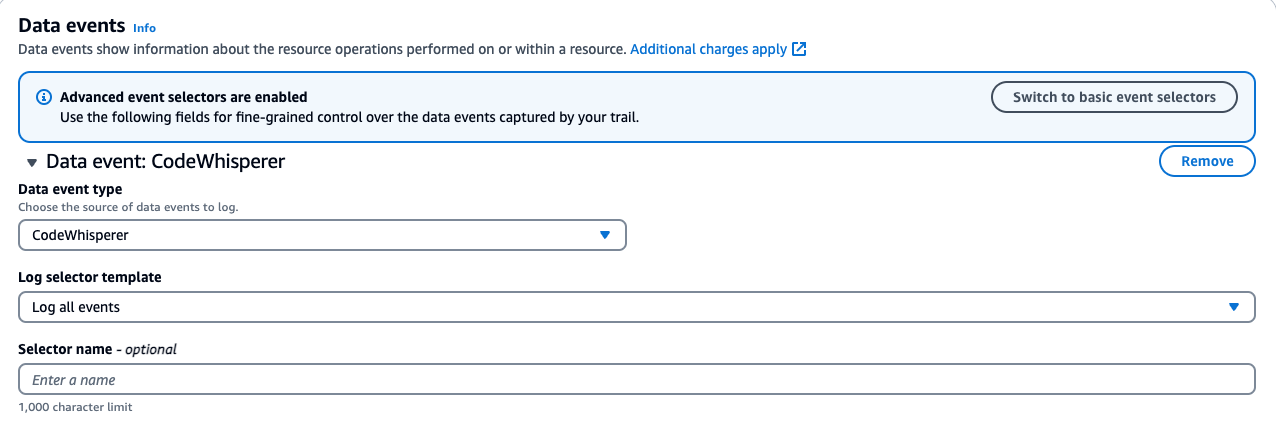 Screenshot showing the configuration of data events in AWS CloudTrail. The image illustrates the setup for logging data events for CodeWhisperer, including log selector templates ("Log all events").