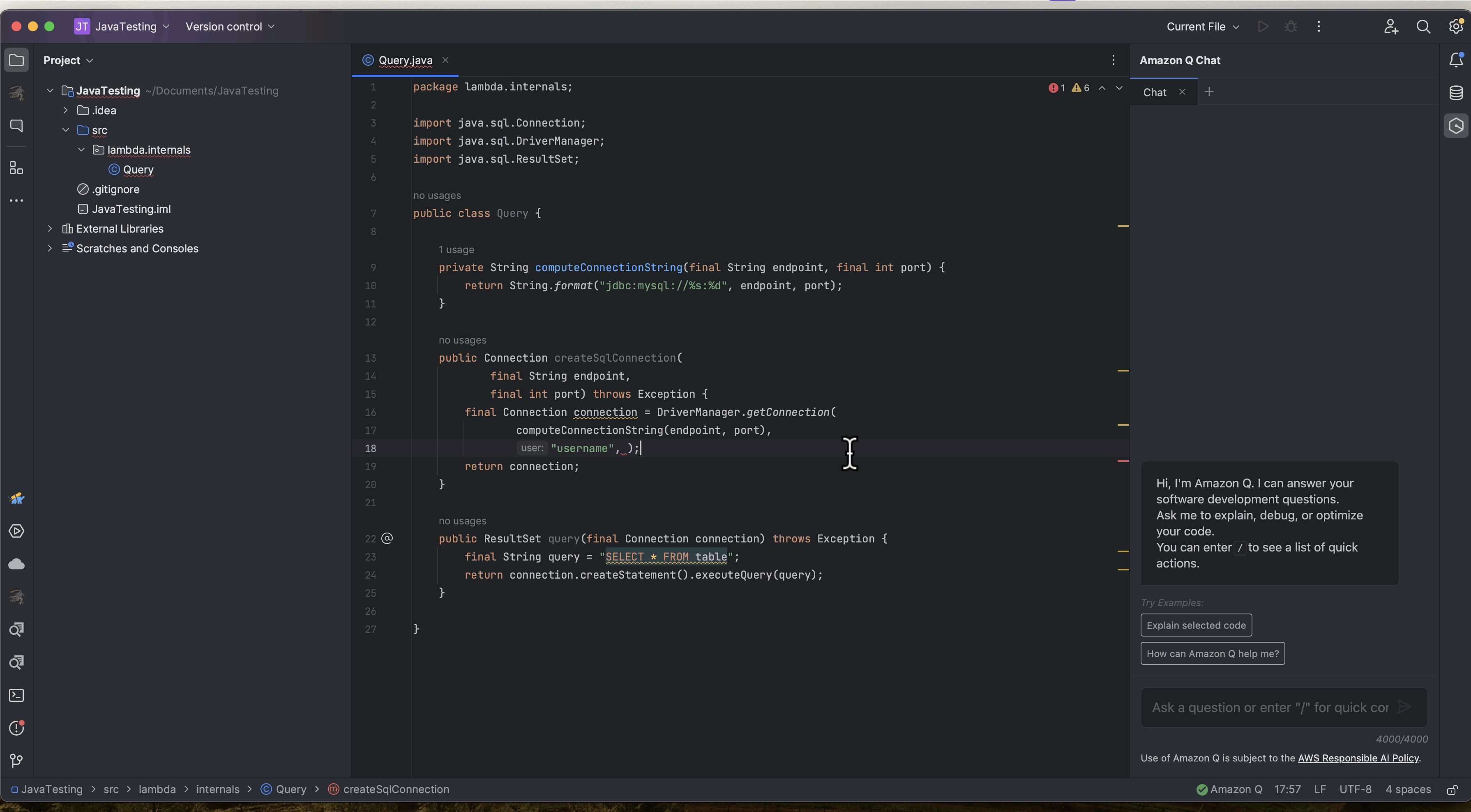 In the IntelliJ IDE, user selects Amazon Q from the navigation bar at the bottom of the IDE. This brings up the Amazon Q Developer menu. Under the section for Security Scans, there is selection for Pause Auto-Scans. This means the auto-scan feature is enabled. Java file is open and user is working in the method for creating a Connection object using the DriverManager.getConnection method. User adds the code password: “password” in the connection string. After few seconds, Amazon Q highlights the code for Connection object. User hovers the cursor over the highlighted code. This brings in focus an informational window that has message generated by the security scan.