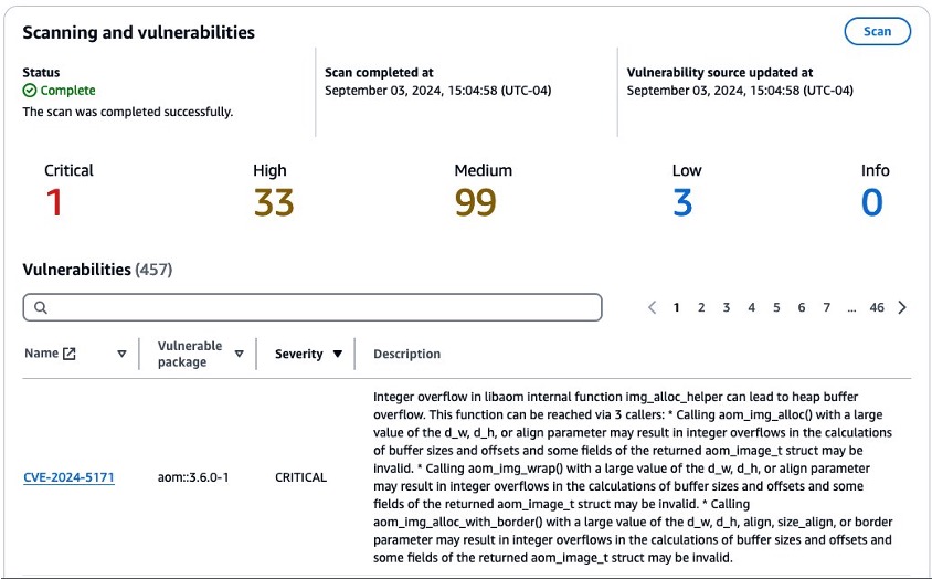 Amazon ECR vulnerability report