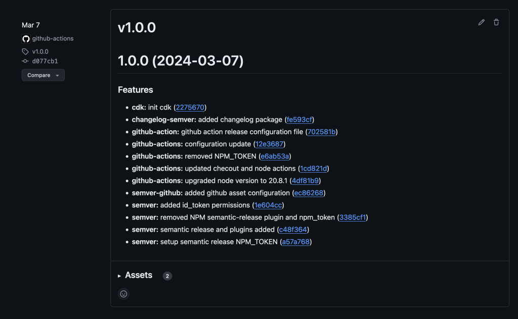 GitHub releases view with information about release v1.1.0 including features and assets that were updated as part of v1.1.0