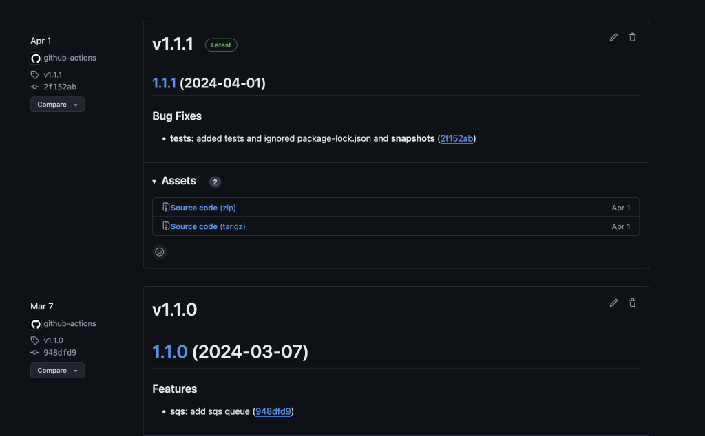 GitHub releases view with information about release v1.1.1 followed by the previous release v1.1.0.