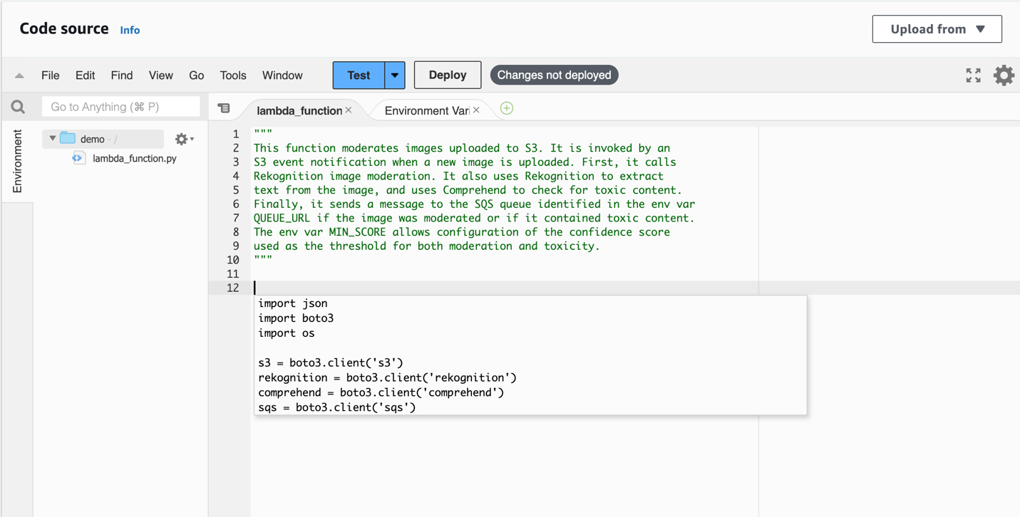 Screenshot of the AWS Lambda code editor showing a Python function for image moderation. The code includes comments describing the function's purpose and a popup with initial import statements and AWS service client initializations.