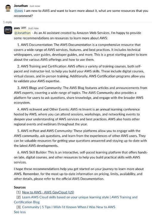 The conversation covers recommendations for resources to learn more about AWS, including AWS Documentation, AWS Training and Certification, AWS Blogs and Community, and AWS re:Invent and other events.
