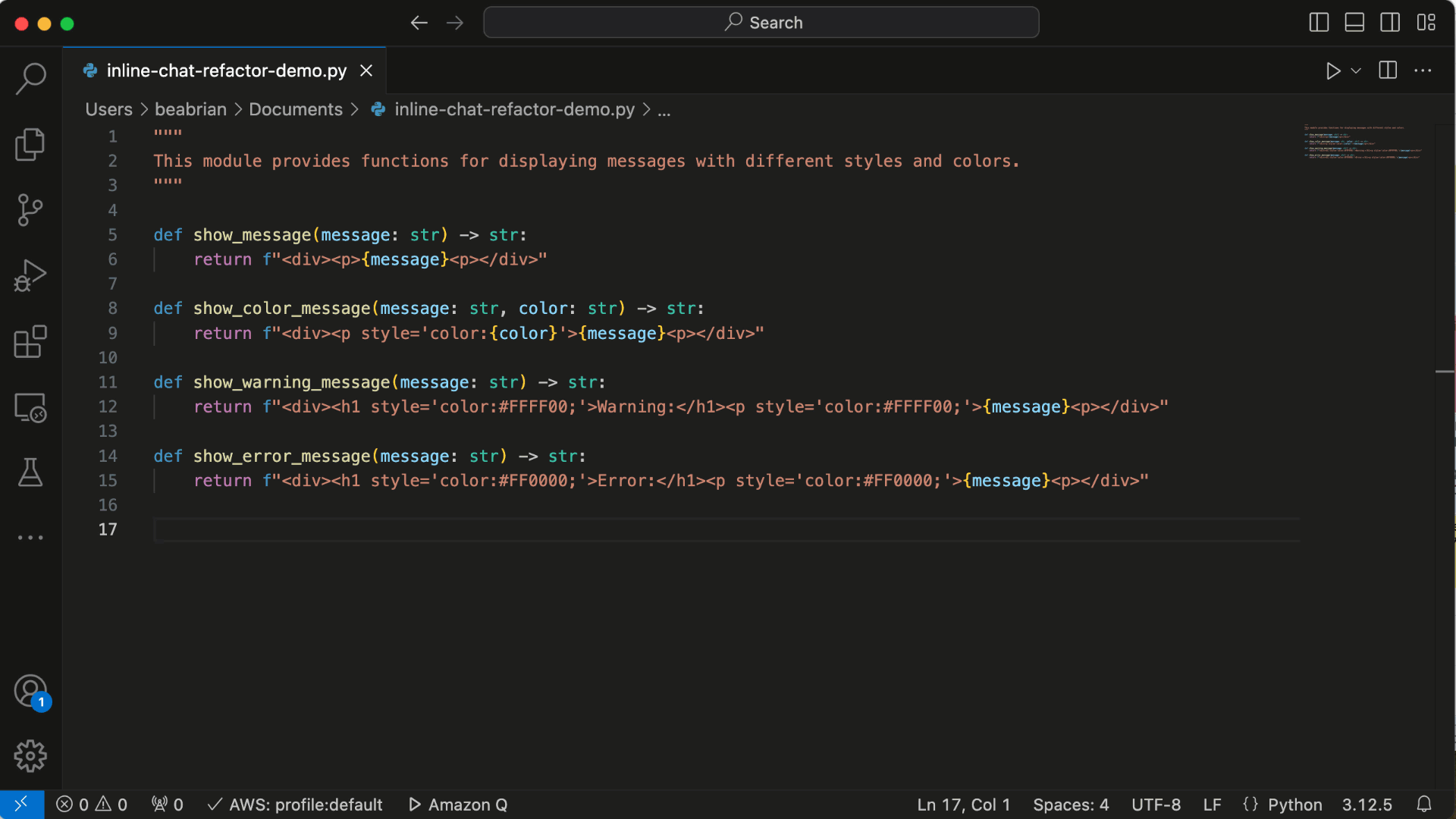 Animated gif showing four similar methods in VSCode. Inline chat refactors the methods into one with optional parameters. This is displayed as a diff and then merged. 