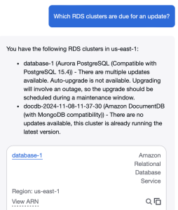 User entering prompt Amazon Q Developer chat in the AWS management console about listing all RDS clusters that need updates in their account and Amazon Q listing those Databases.