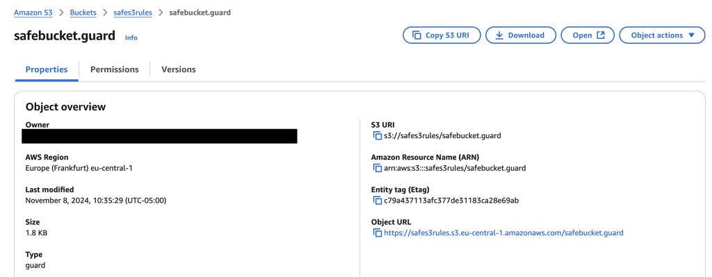 Screenshot of an Amazon S3 object properties page displaying details for the file safebucket.guard in the safes3rules bucket.