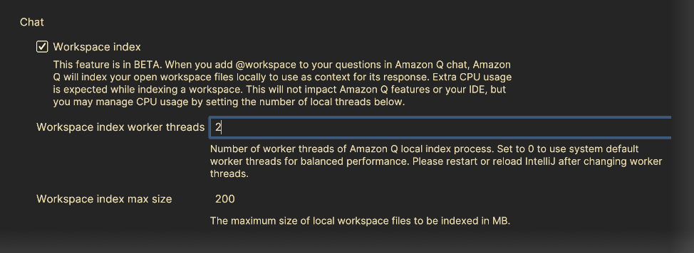 Image showing the Amazon Q Settings window where you enable the Workspace feature by checking the "Workspace index" box. You can also change the number of worker threads used, and the maximum workspace index size in MB.