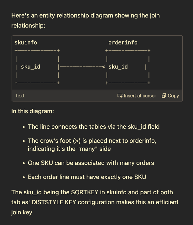 Image with the second part of the response to the prompt with the ASCII relationship diagram showing the join relationship.