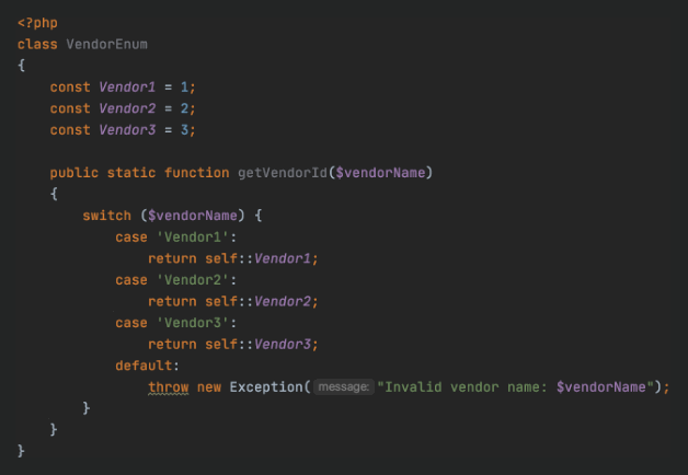 Image shows the selected PHP code with a switch statement mapping Vendor Ids to Vendor Names.