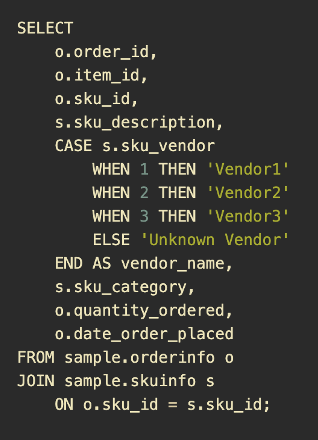 Image showing the updated SQL query that maps the Vendor Id to the Vendor Name.