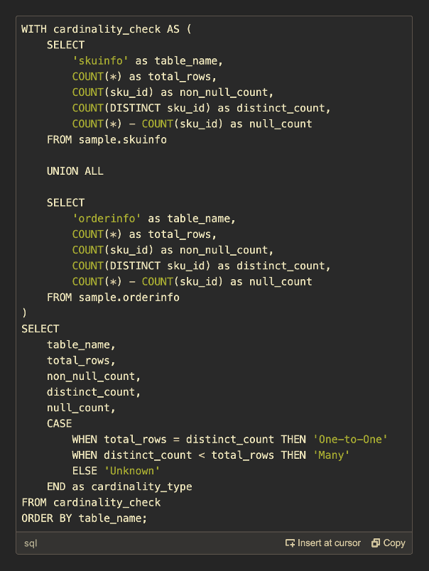 Image of resulting SQL queries to check cardinality.