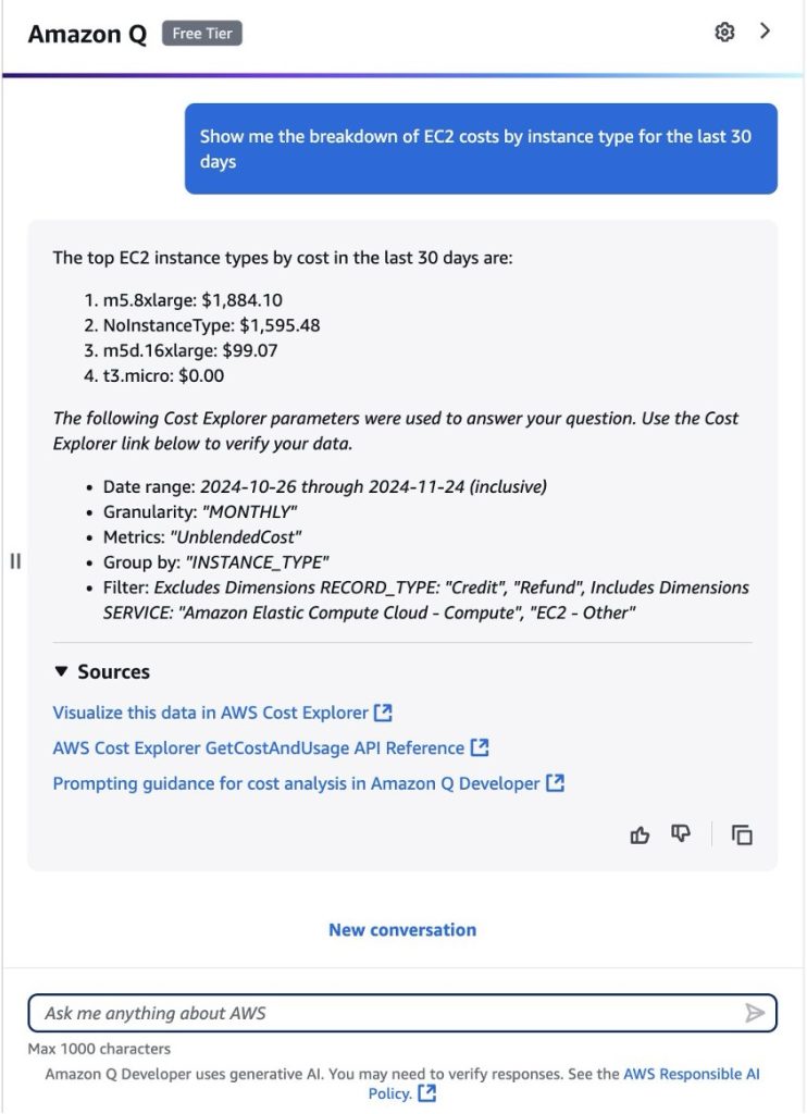 User entering prompt in Amazon Q Developer chat in the AWS Management Console about breakdown of EC2 instance types for a specific time period, and Amazon Q listing the results.
