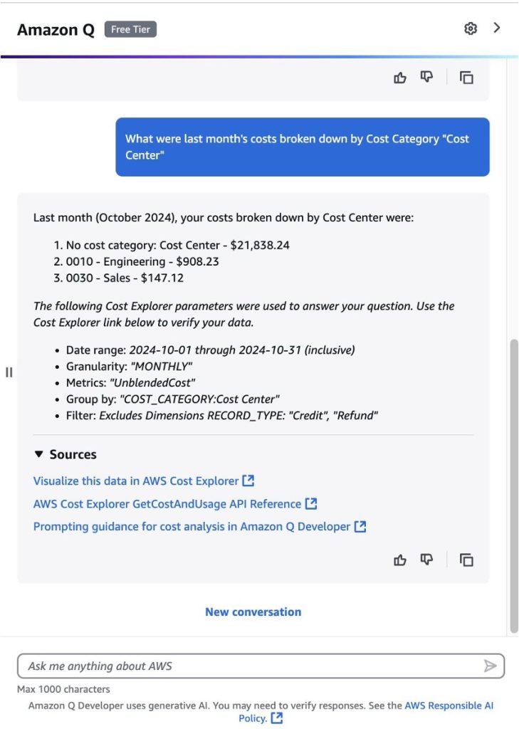 Amazon Q Developer in the AWS Management Console providing a detailed cost breakdown by cost category in response to a user's natural language query.