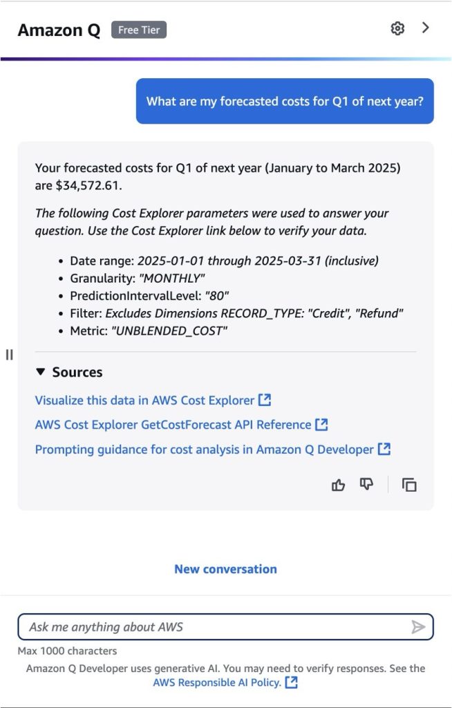 Amazon Q Developer in the AWS Management Console providing a cost forecast for Q1 of 2025.