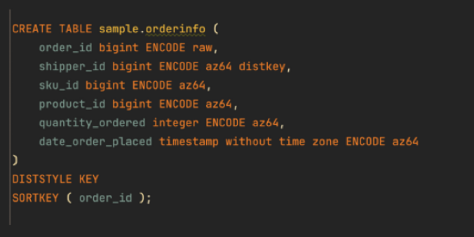 Image of SQL statement generated by the show table statement. "CREATE TABLE sample.orderinfo ( order_id bigint ENCODE raw, shipper_id bigint ENCODE az64 distkey, sku_id bigint ENCODE az64, product_id bigint ENCODE az64, quantity_ordered integer ENCODE az64, date_order_placed timestamp without time zone ENCODE az64 ) DISTSTYLE KEY SORTKEY ( order_id );"