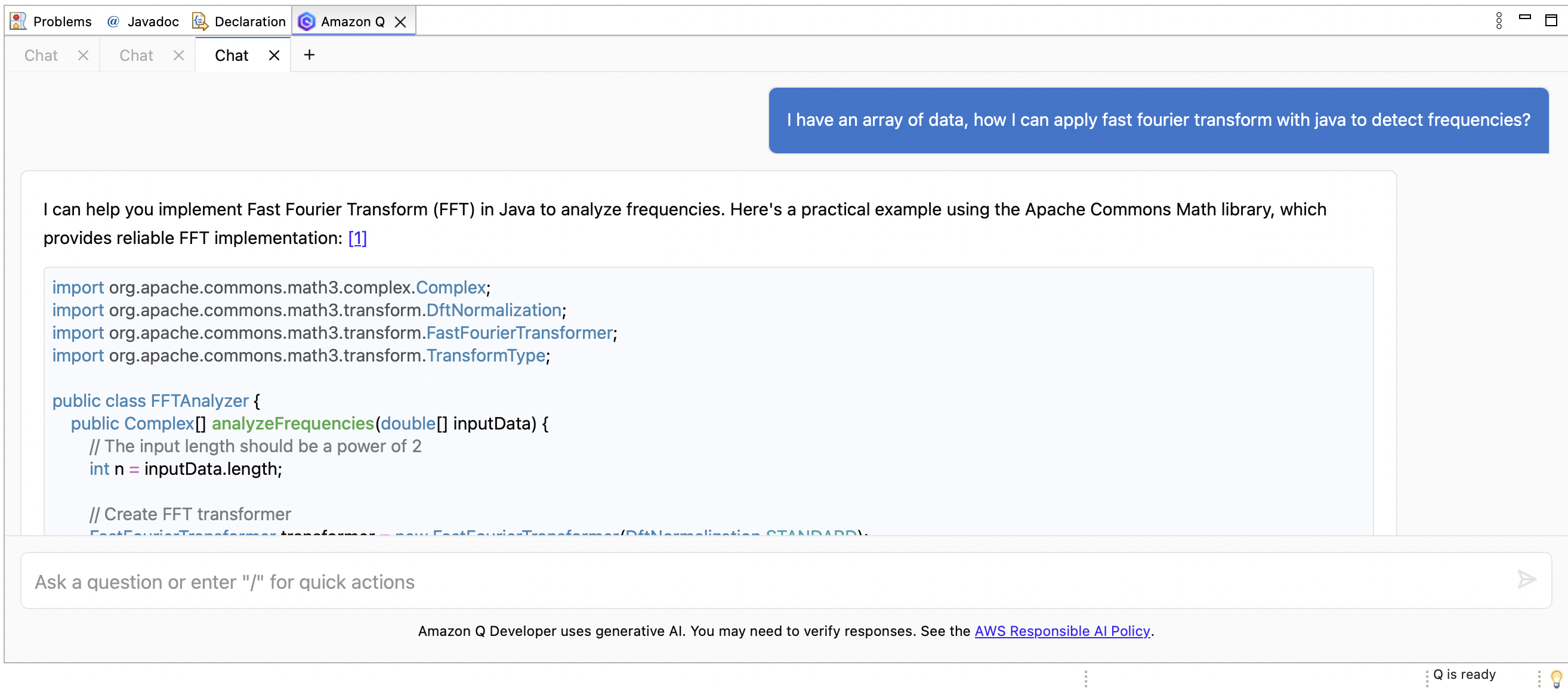 Seeking guidance from Amazon Q Developer on how to apply Fast Fourier transform with Java to detect frequencies.