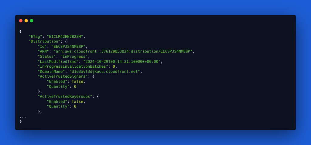 Screenshot of terminal printing the updated CloudFront distribution