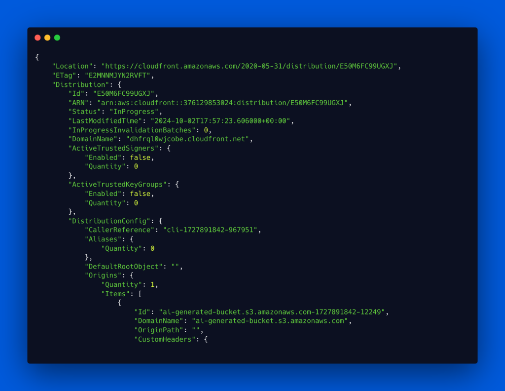 Screenshot of terminal printing out the CloudFront configuration