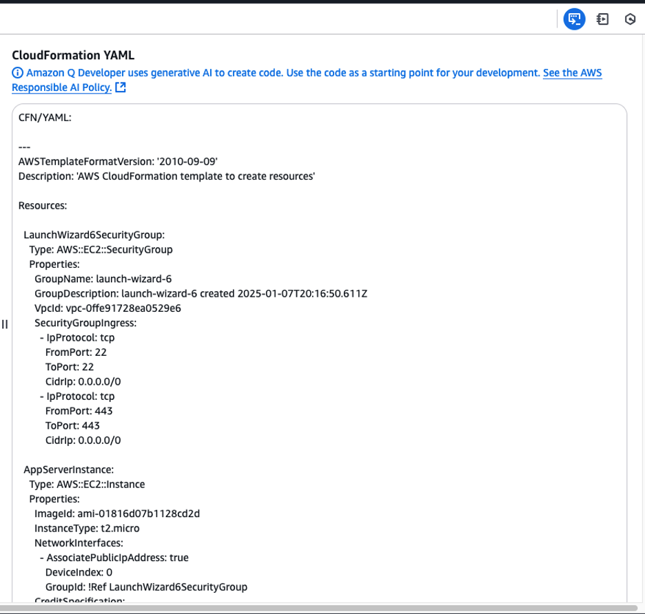 Generated CloudFormation YAML template from the Console-to-Code recording 