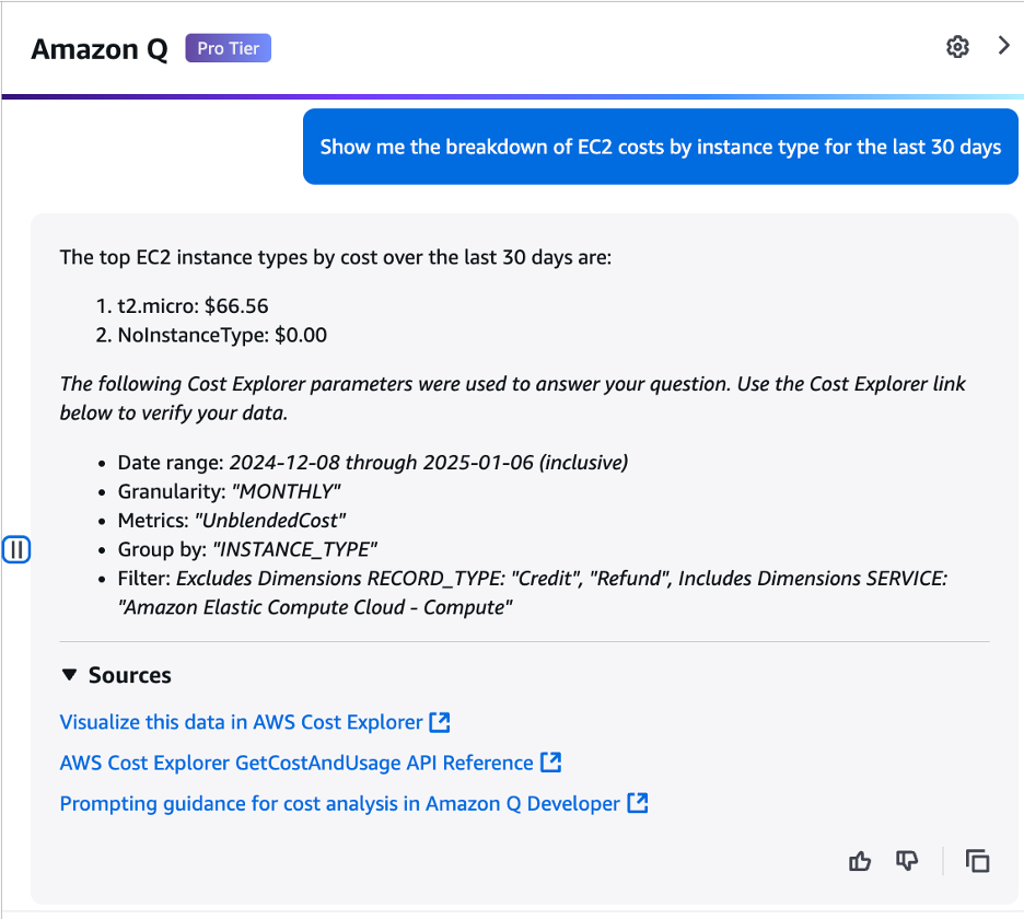 ] Response from Amazon Q for the breakdown of EC2 costs in the last month