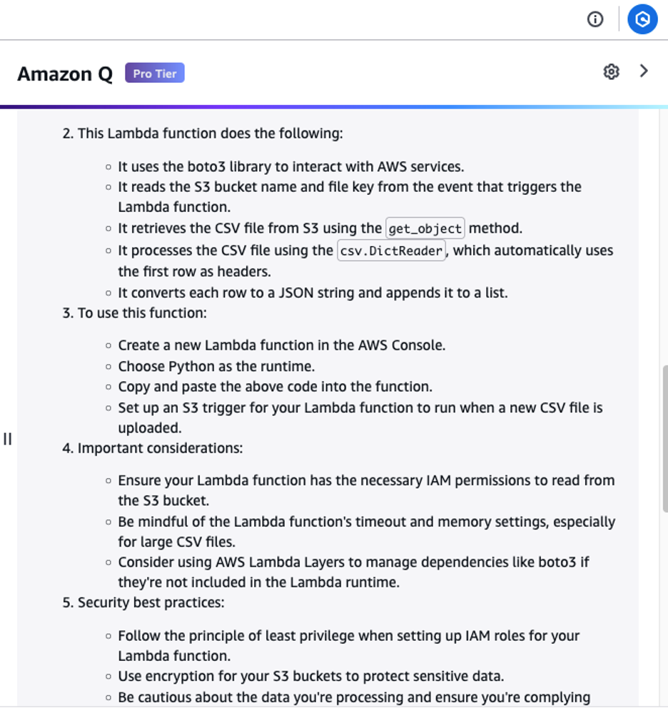 User Prompt and Response from Amazon Q on instructions on how to write the lambda function