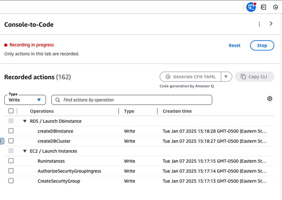 Console-to-Code recording Amazon EC2 and Amazon RDS Database instance launch