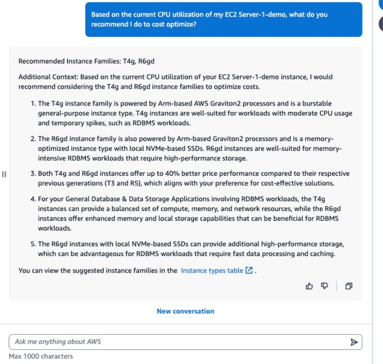 Prompt to Q about the optimization of an EC2 instance based on CPU utilization and Response from Amazon Q 