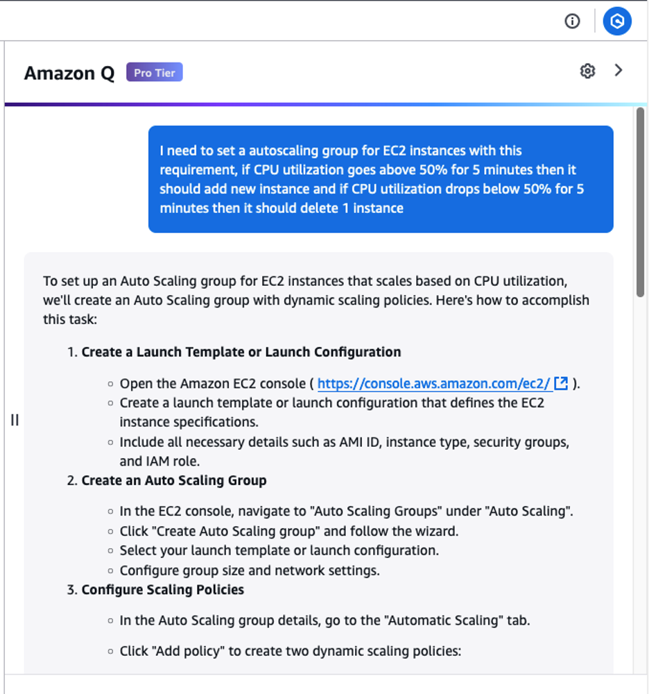 User entering prompt about setting up an auto scaling compute Instance based on a specific metric and threshold and Q generating a response.