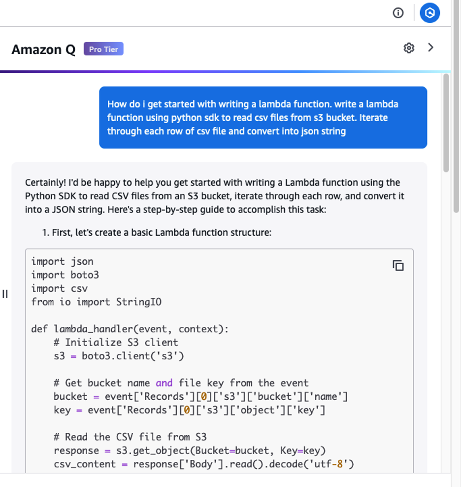 User Prompt and Response from Amazon Q on instructions on how to write the lambda function