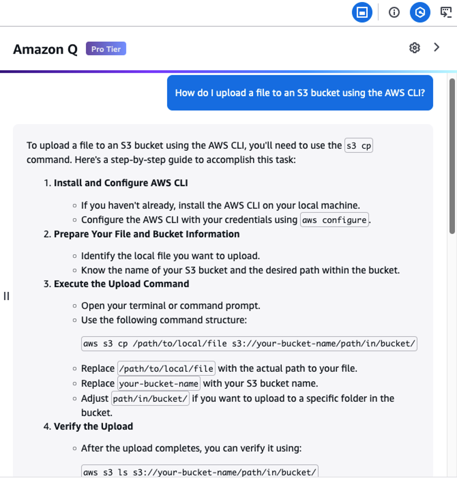 User Prompt and Response from Q with CLI command to upload a file to an S3 bucket