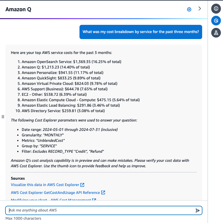 Response from Amazon Q for the last 3 month’s spend analysis